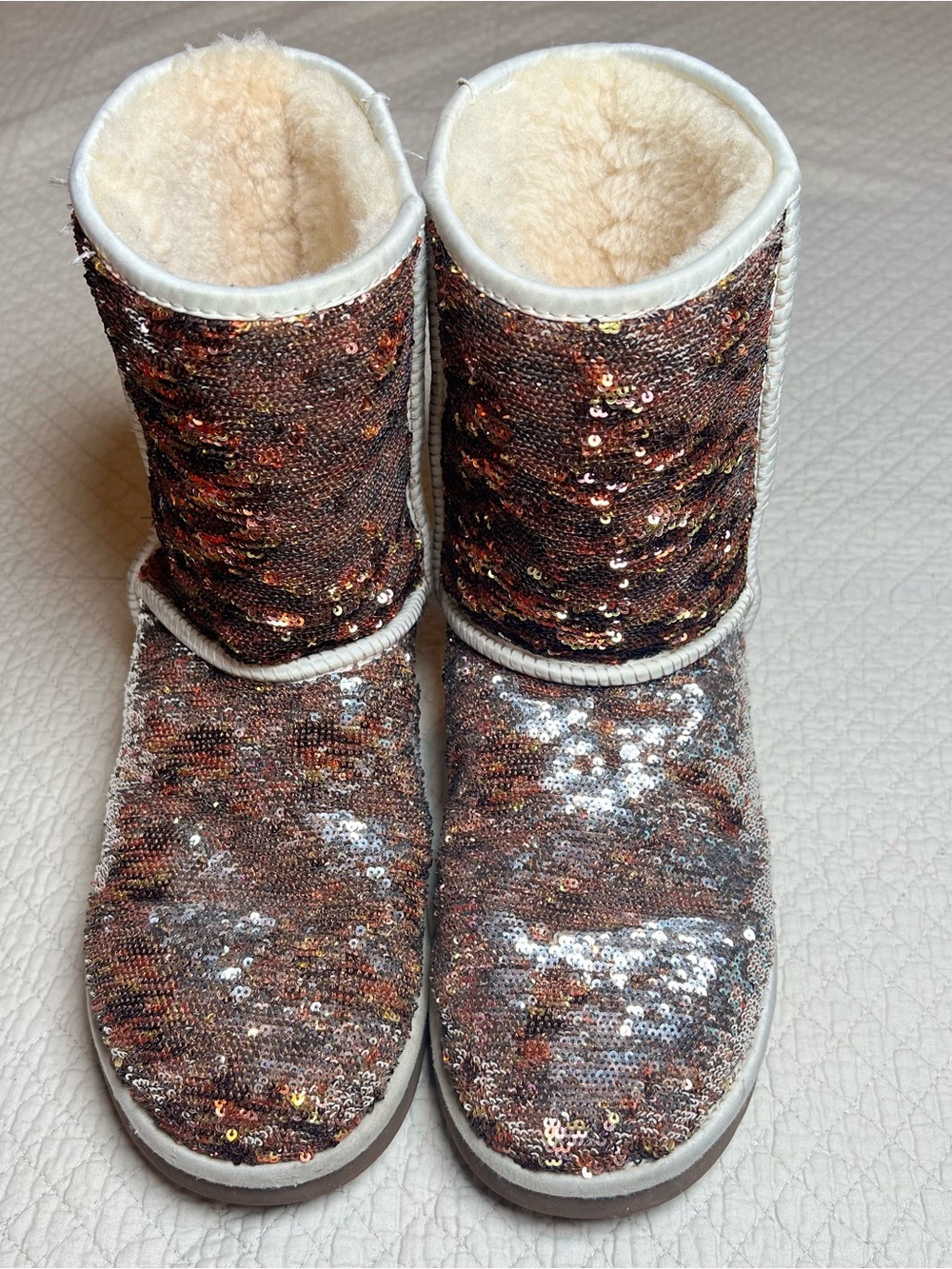UGG woman’s EVA Classic Short Shearing Sheepskin Boots In Champagne Sparkles